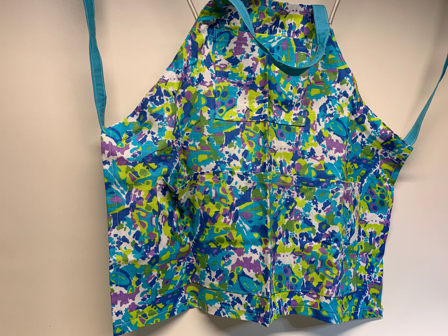 Full size Apron -Adjustable neckline. Blue/green/purple/white tones