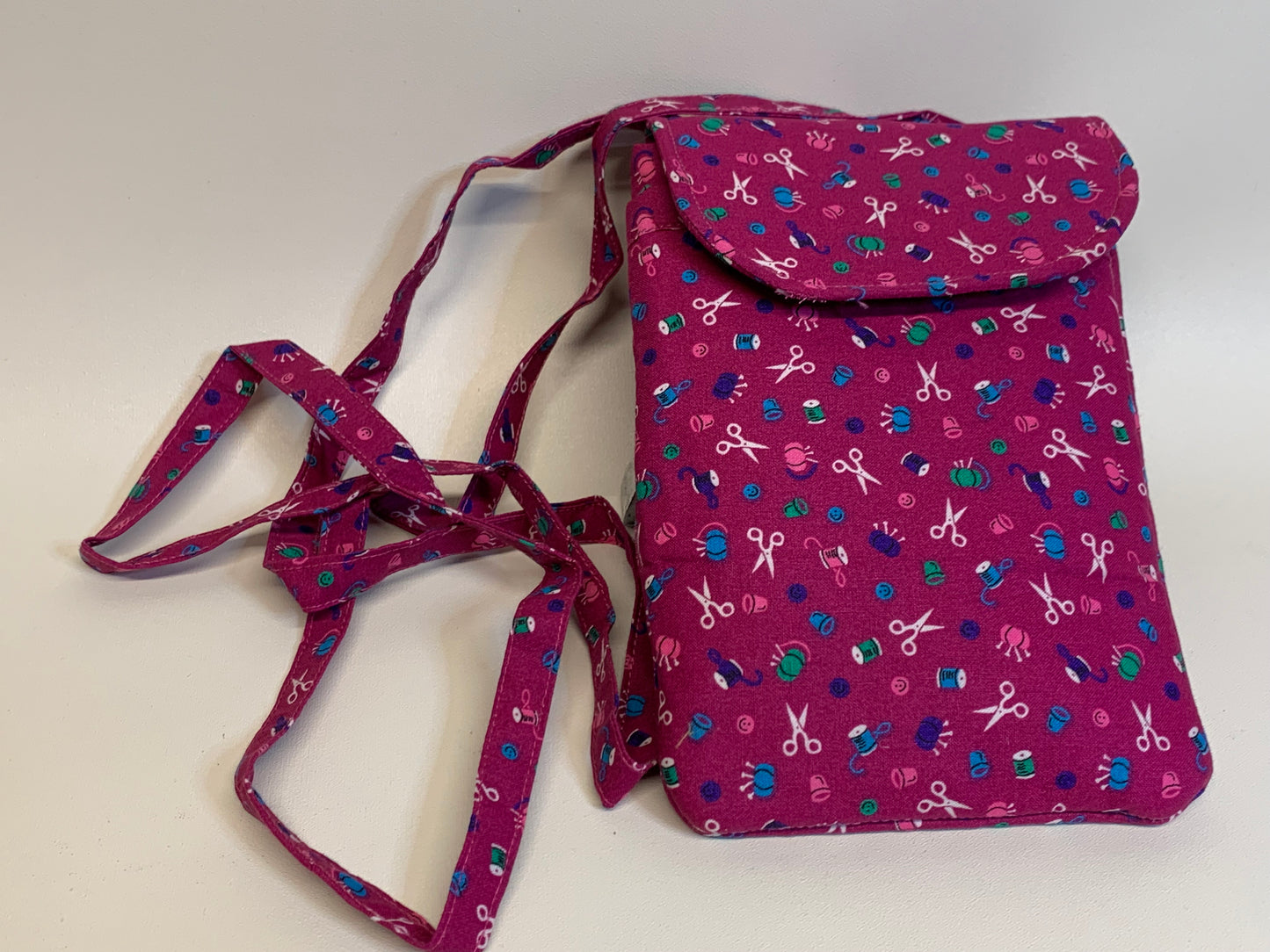 Small Crossbody Purse / Cell Phone Bag -Fuchsia with sewing items. 5"W x 7"H