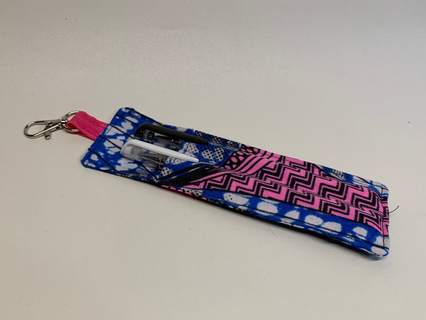 Pen Holder - holds two pens - Blue/Red/white geometrics - with clip