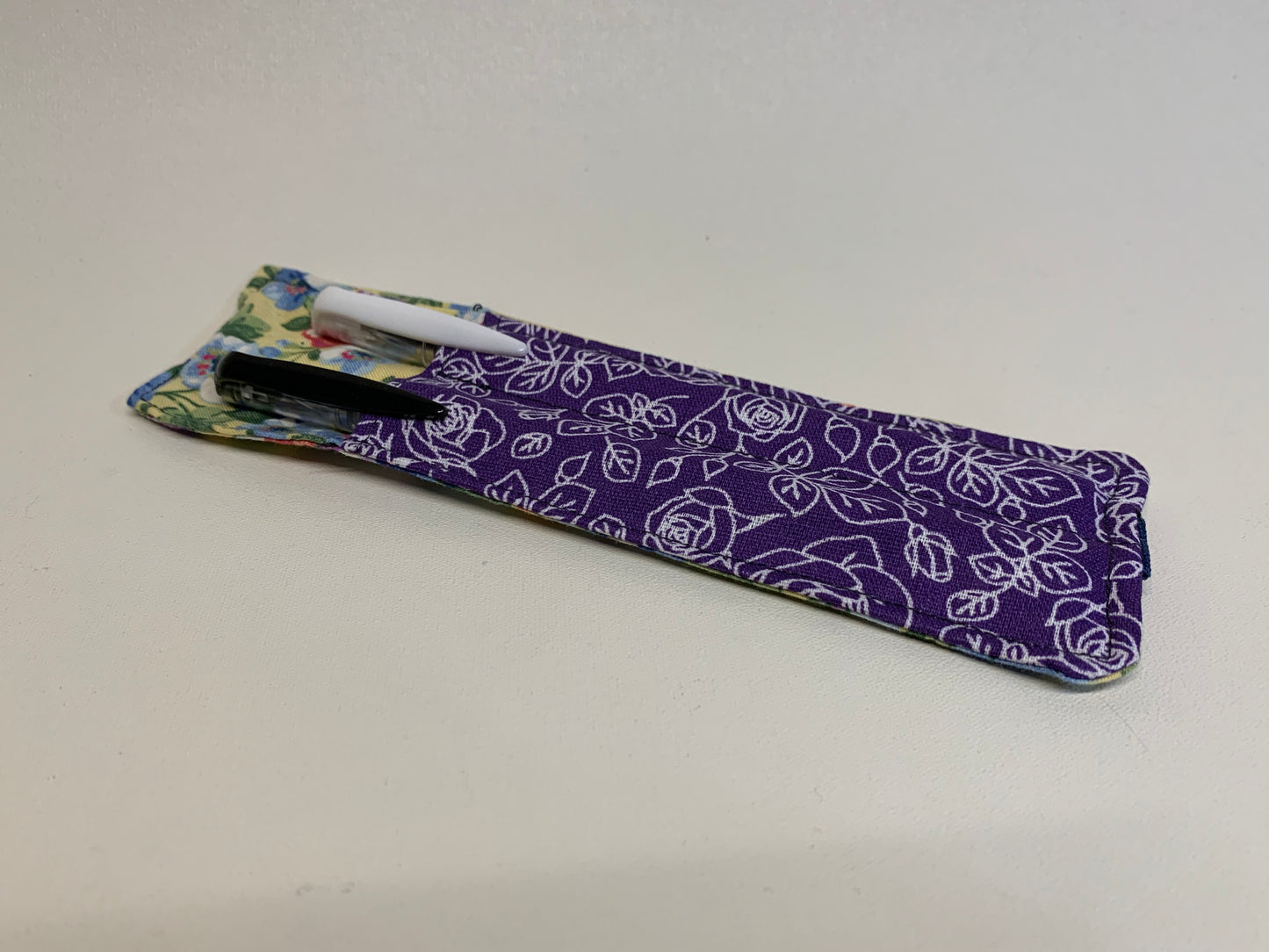 Pen Holder - holds two pens - Purple with flowers - with elastic band