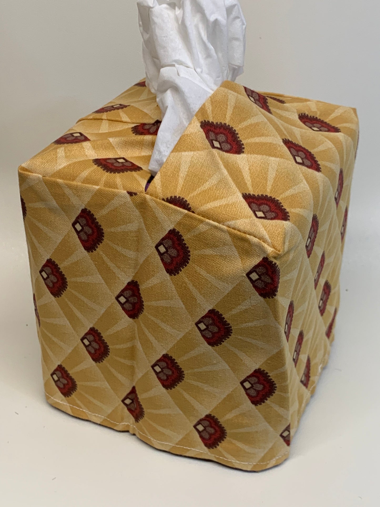 Tissue Box Cover - Tan/Maroon geometric -for boxes 5"H x 4 1/2"W x 4 1/2" D
