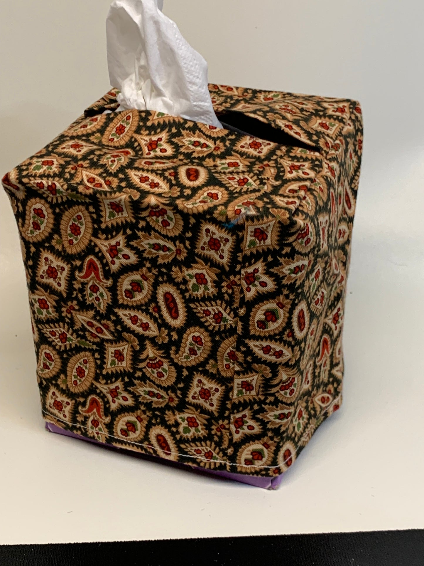 Tissue Box Cover - Black/Gold/Red Paisley -for boxes 5"H x 4 1/2"W x 4 1/2" D