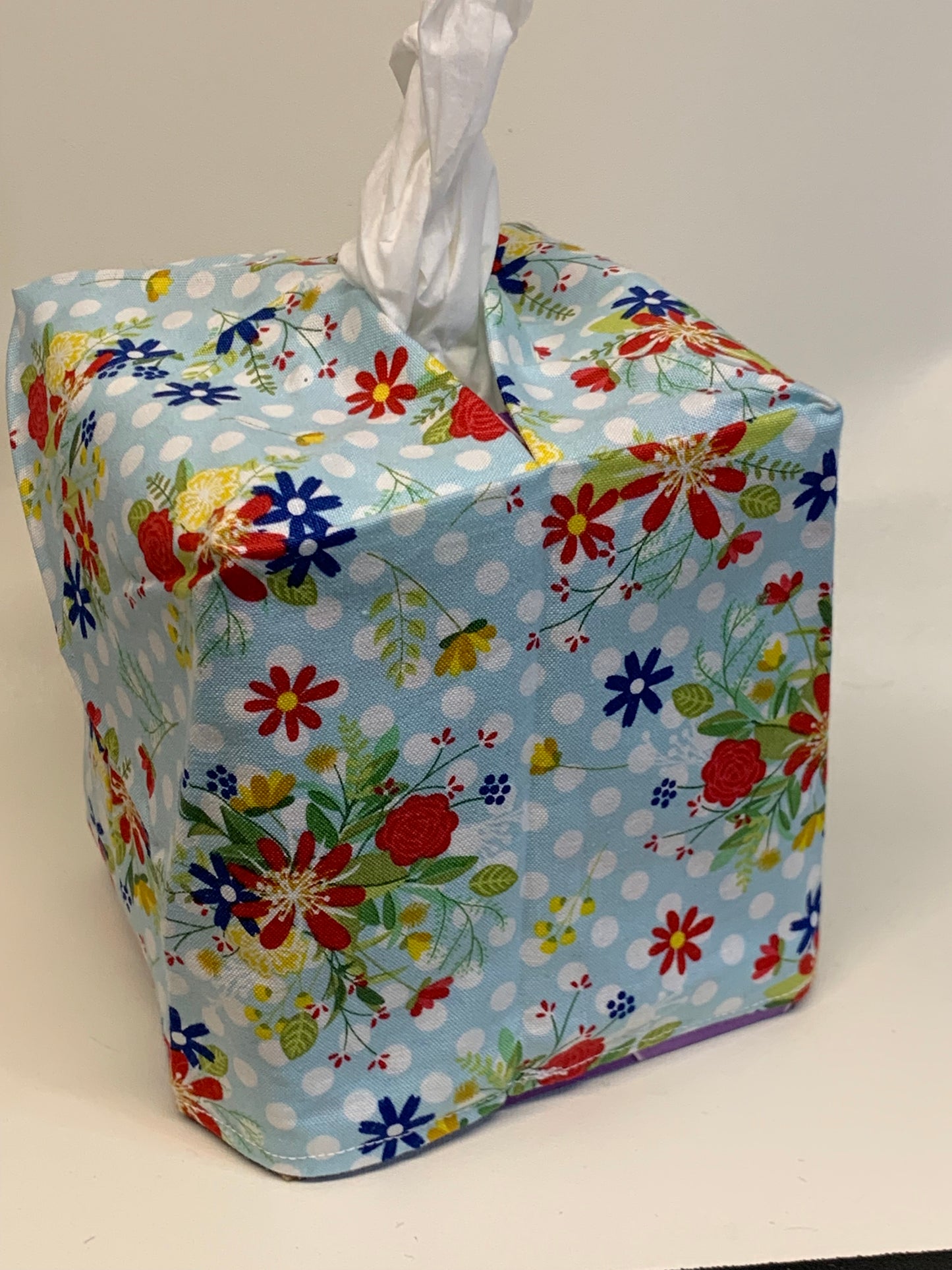 Tissue Box Cover - Light blue with flowers and dots -for boxes 5"H x 4 1/2"W x 4 1/2" D