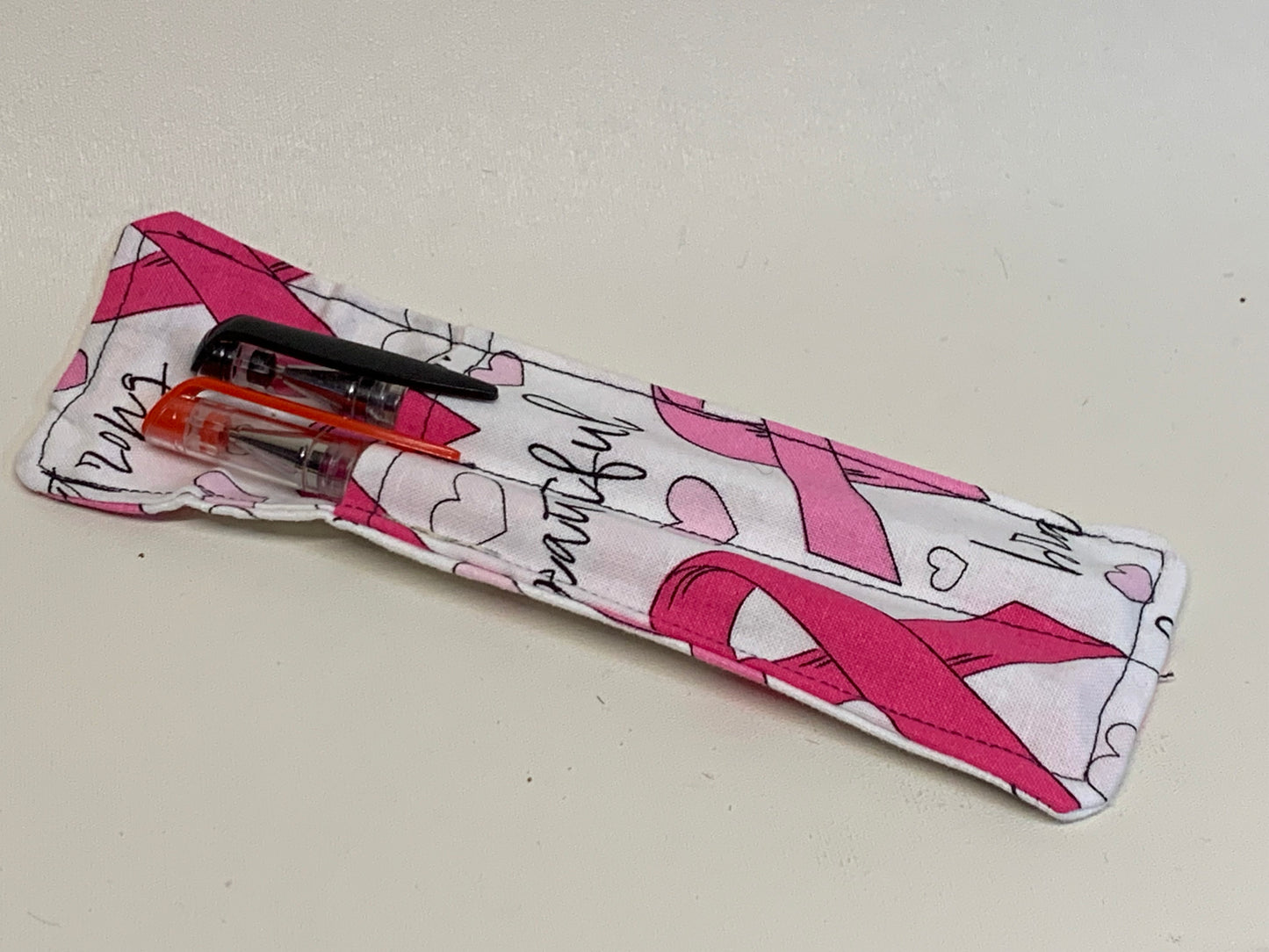 Pen Holder - holds two pens - Pink ribbon - Breast cancer awareness - with elastic band