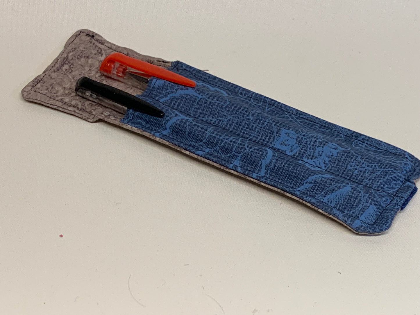 Pen Holder - holds two pens - Blue and tan - with elastic band