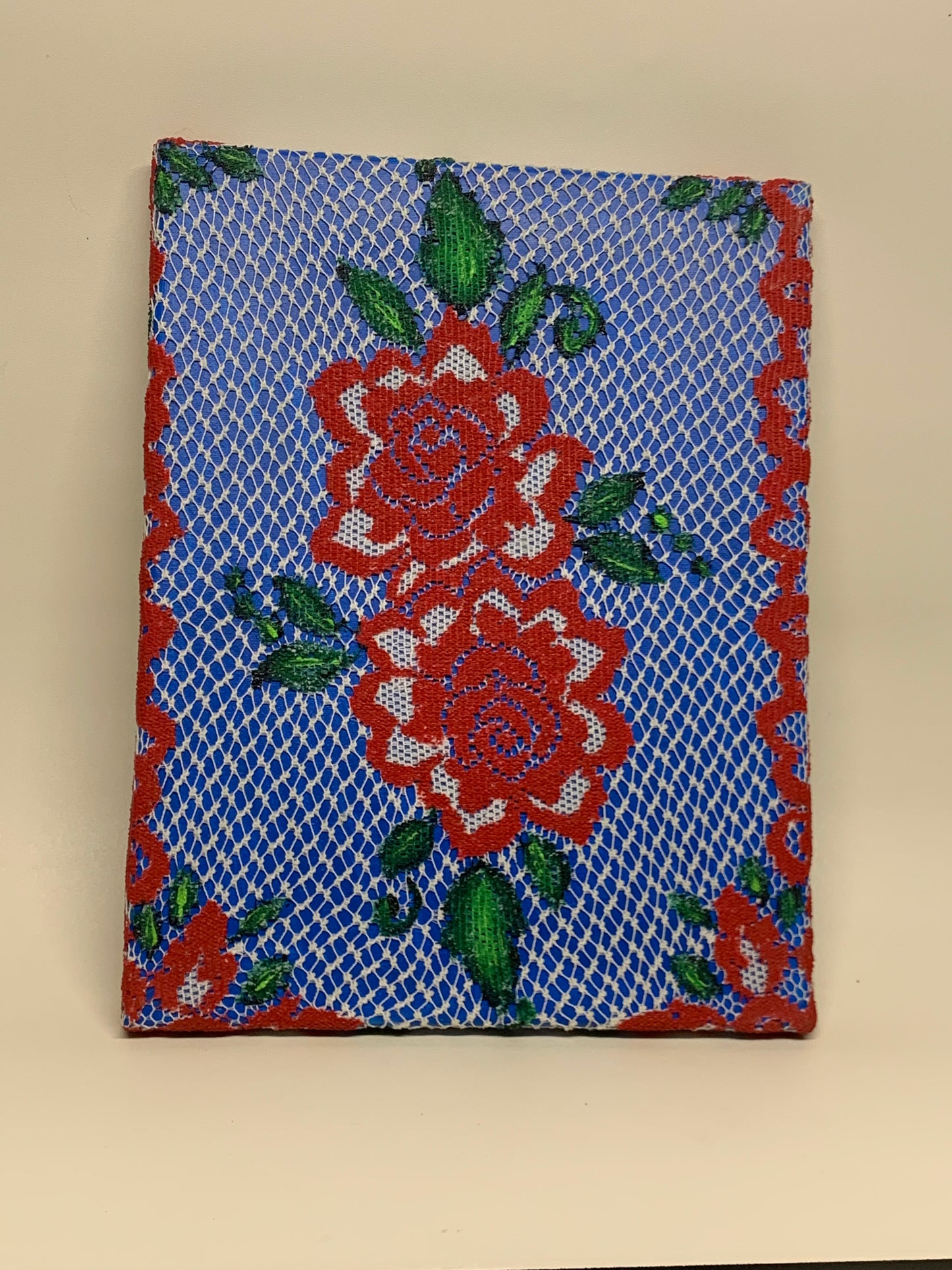 Lace Stretched over Canvas and painted with acrylic paint - Roses - 11" x 14"