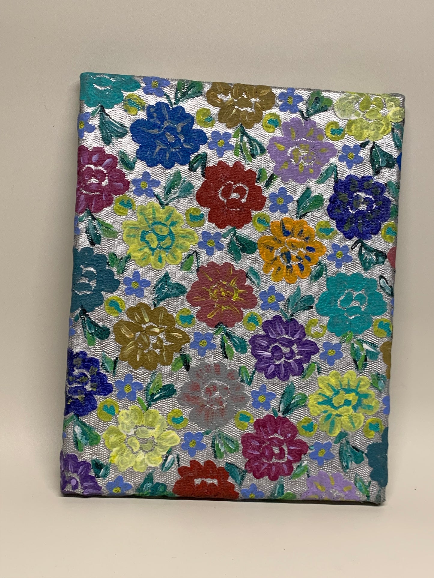 Lace Stretched over Canvas and painted with acrylic paint - Multicolored flowers on solver background - 11" x 14"
