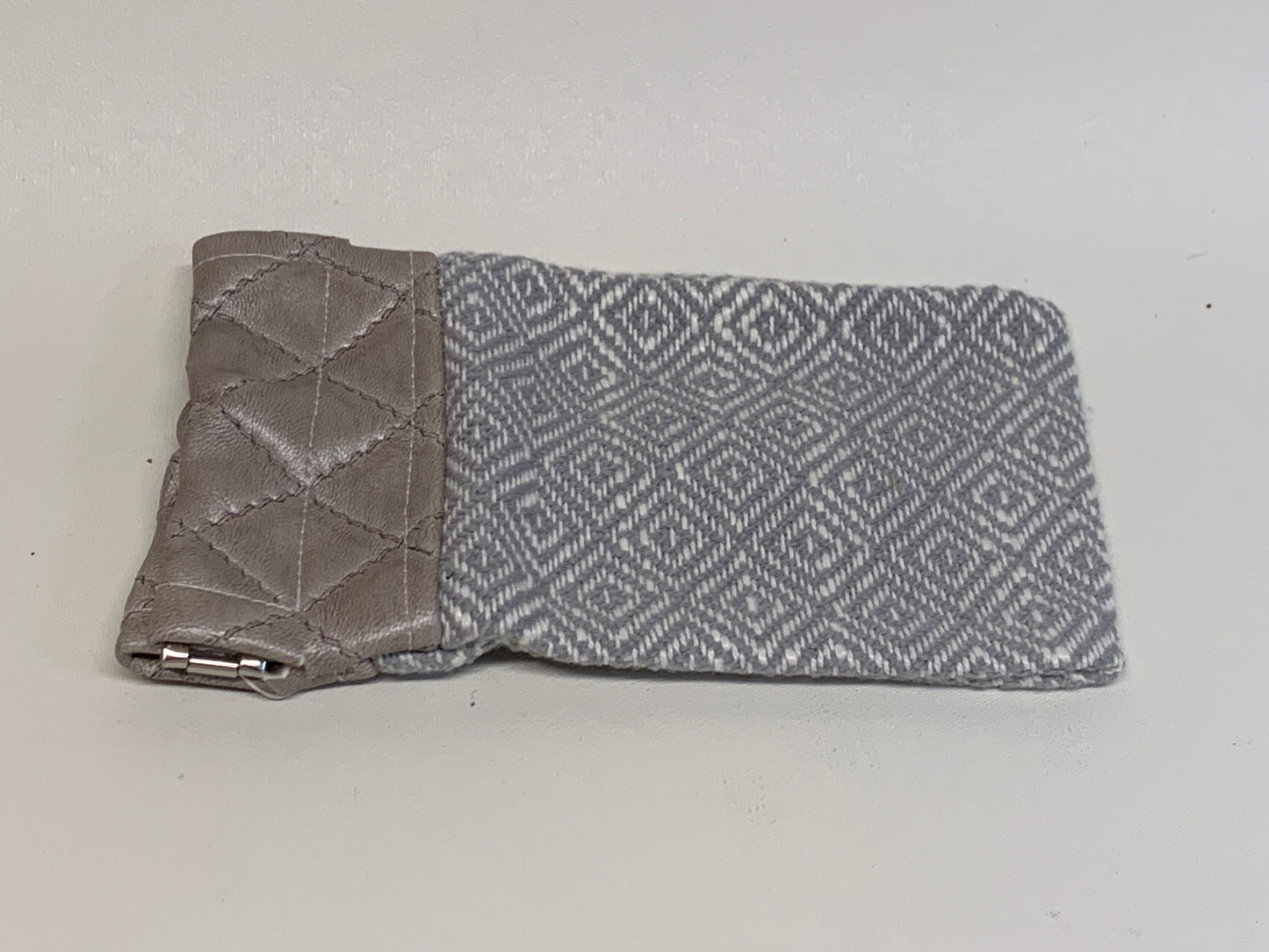 Unlined Pouch with Flex Frame Closure - Gold vinyl top and beige/grey geometric bottom fabric - 3.5" x 6"