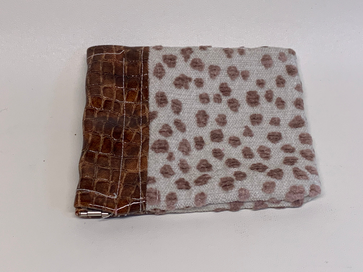 Unlined Pouch with Flex Frame Closure - Brown vinyl top with beige and brown dots fabric bottom- 4.5" x 5."