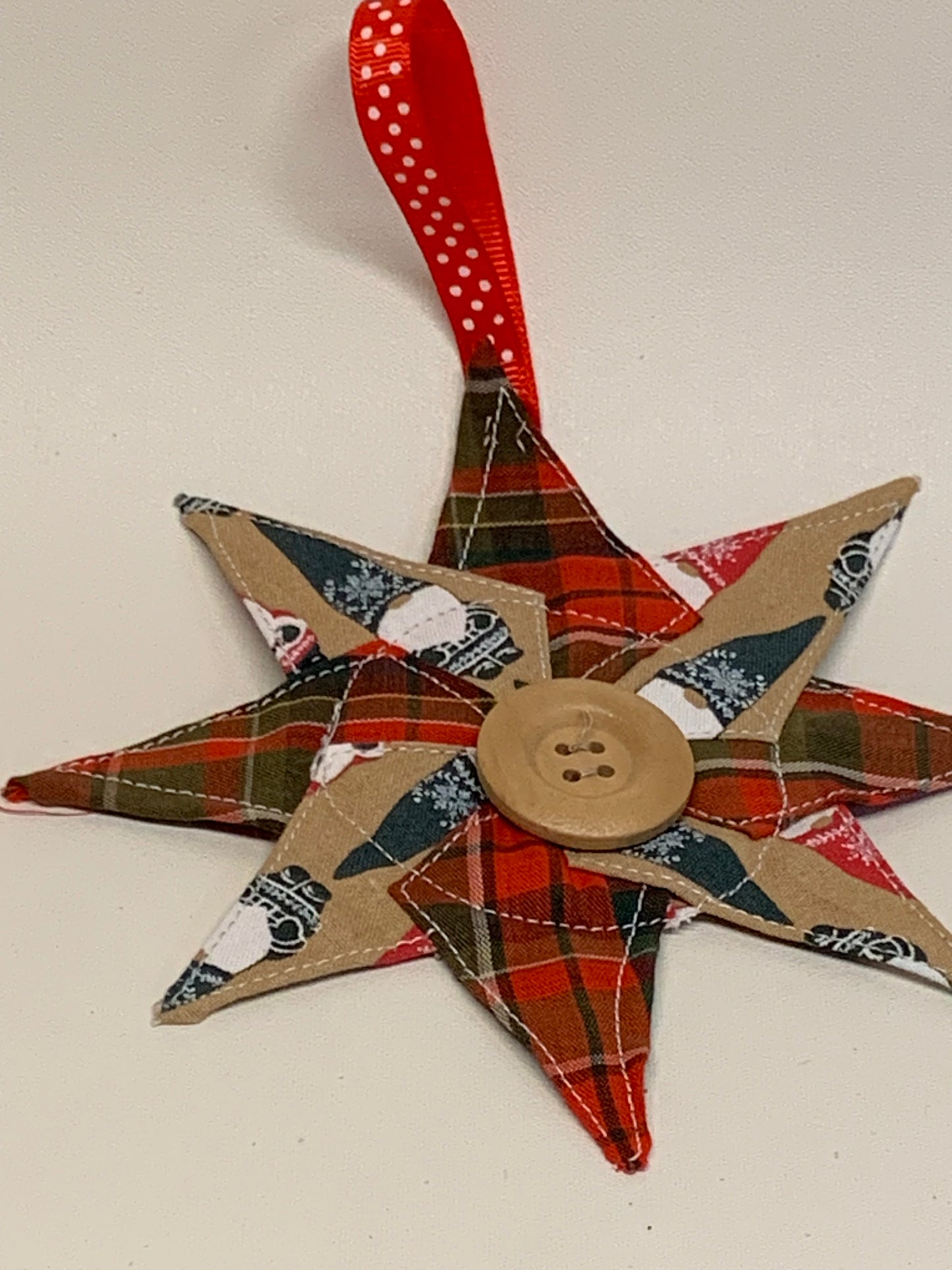 Christmas Star Ornament - Red plaid and Tan with gnomes - approx. 6" round