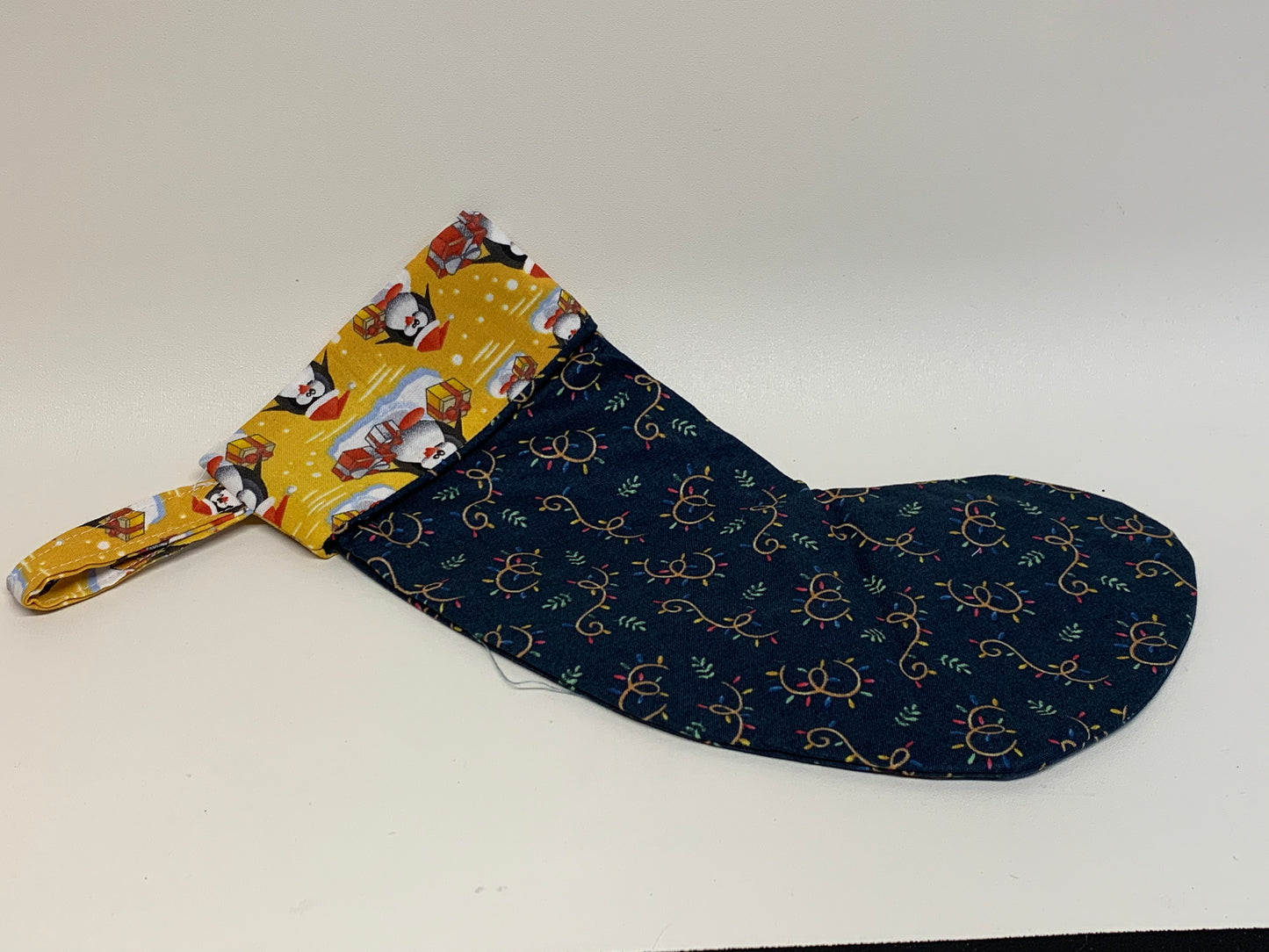 Small Christmas Stocking - Navy and Yellow - approx. 11" tall x 4.25" wide.