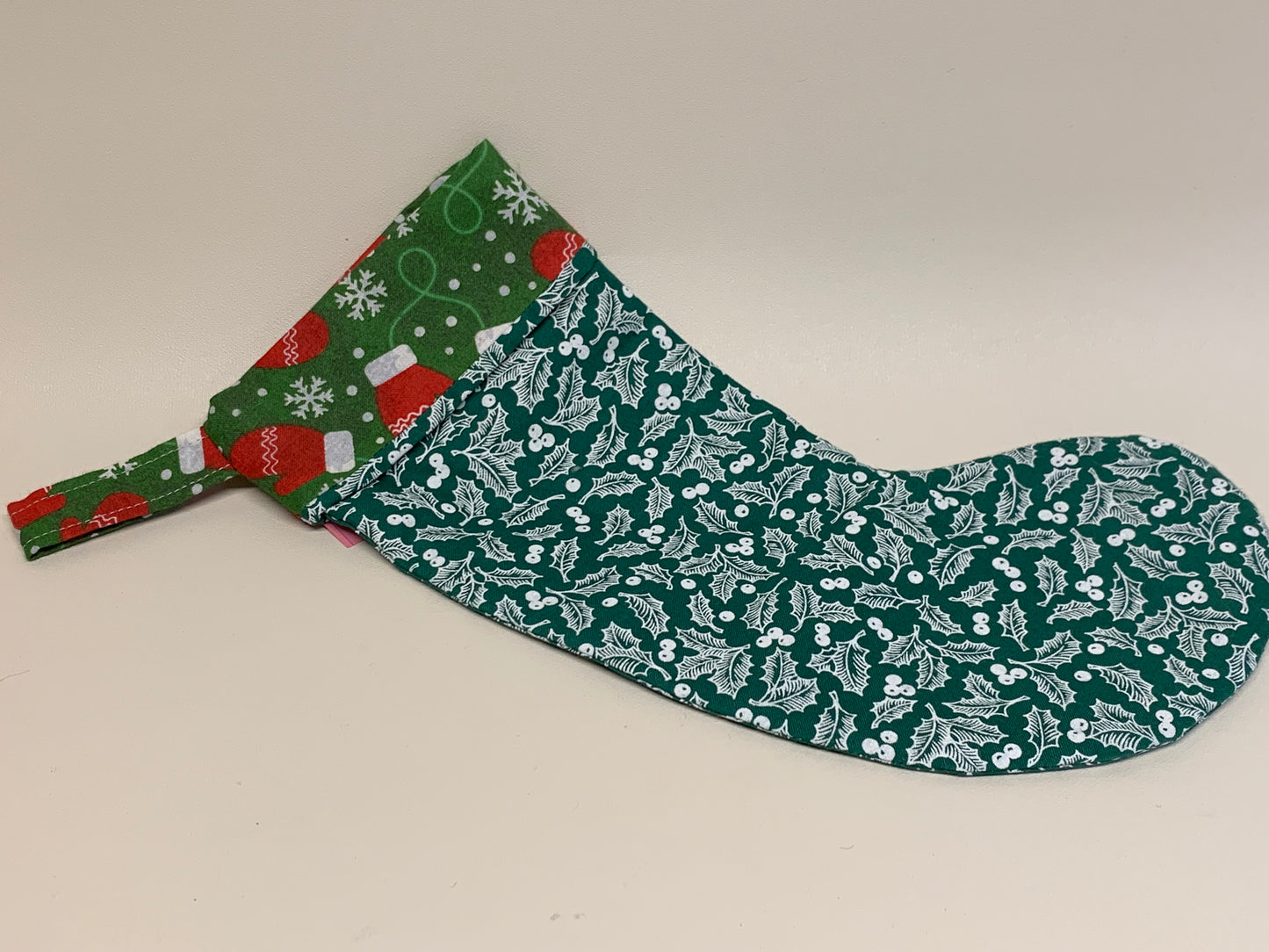 Small Christmas Stocking - Green with white holly- approx. 11" tall x 4.25" wide.