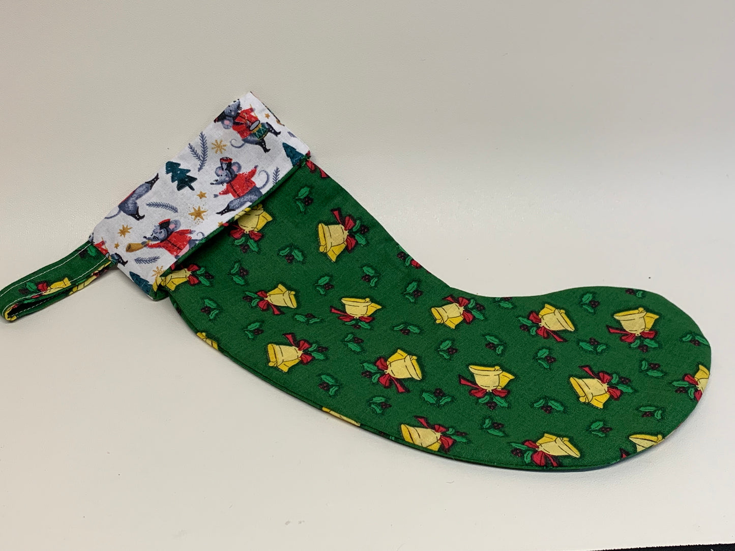 Small Christmas Stocking - Green with bells - approx. 11" tall x 4.25" wide.