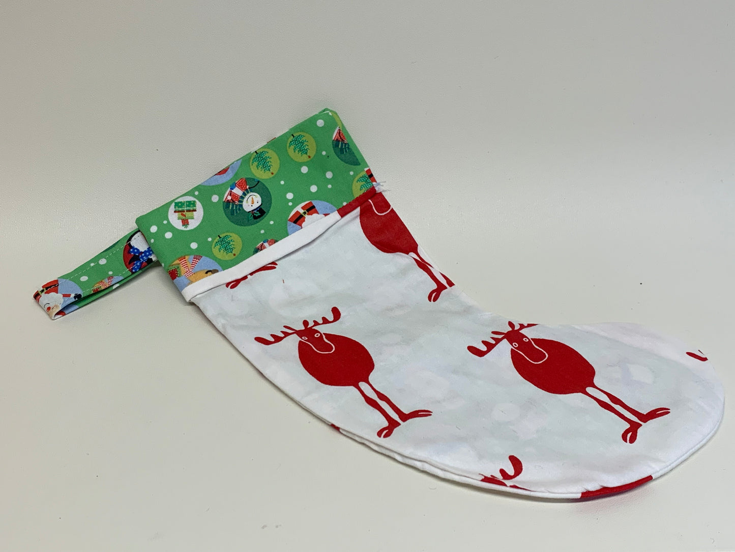 Small Christmas Stocking - White with red moose - approx. 11" tall x 4.25" wide,
