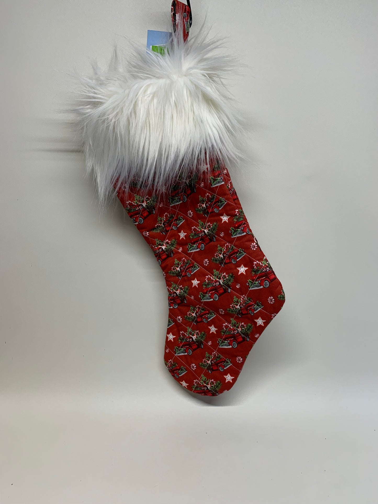 Quilted Christmas Stocking with faux fur cuff - Red with classic trucks and white cuff - approx. 18" tall x 6" wide.