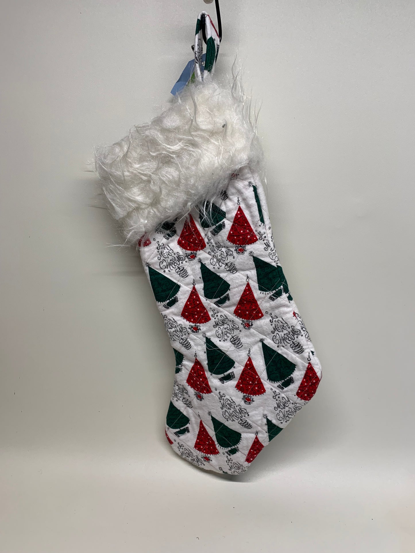 Quilted Christmas Stocking with faux fur cuff - White with Xmas trees and white cuff - approx. 18" tall x 6" wide.