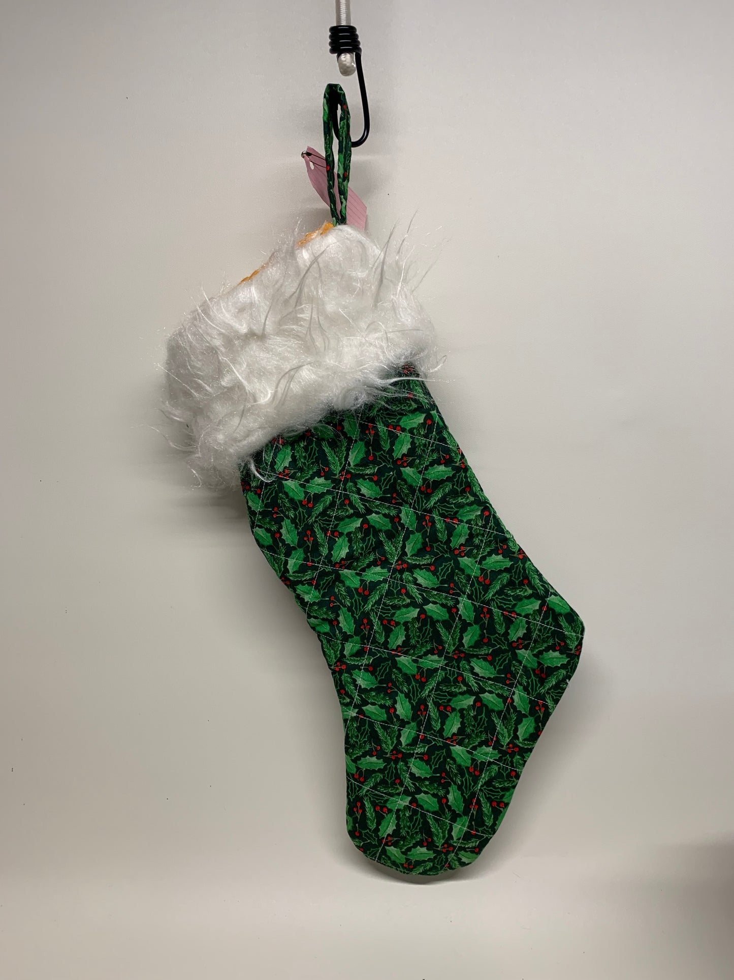 Quilted Christmas Stocking with faux fur cuff - Green with holly and white cuff - approx. 18" tall x 6" wide.