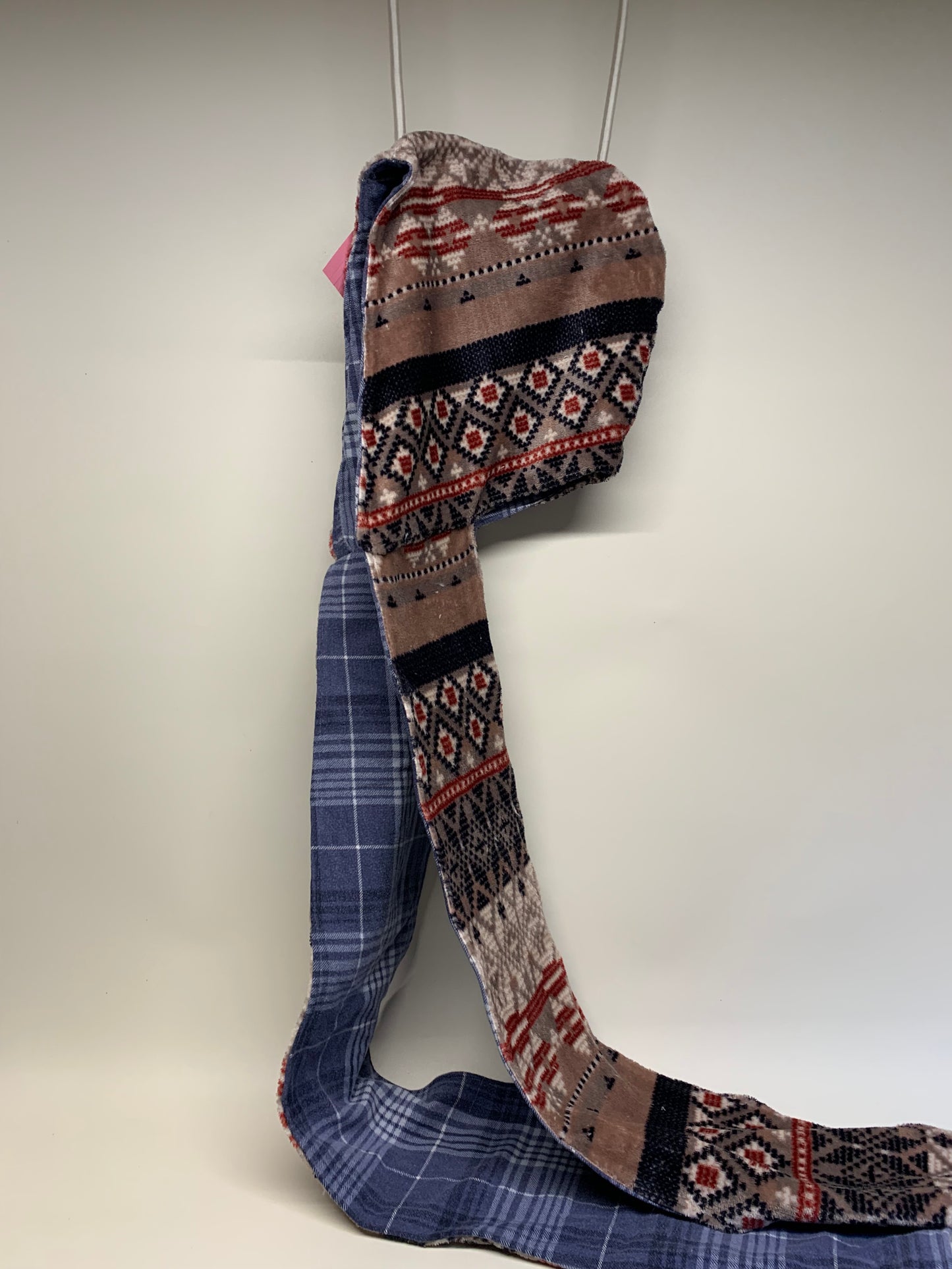 Scoodie (Hooded Scarf) - Reversible - Brown/Tan Geometric on one side and Grey plaid on the inverse