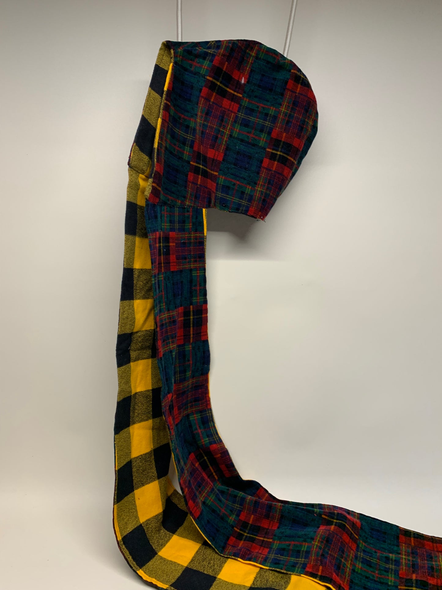 Scoodie (Hooded Scarf) - Reversible - Red/Green plaid on one side and Yellow/Black plaid on the inverse