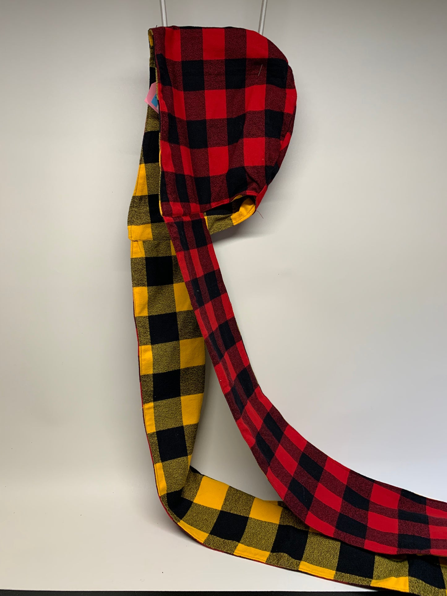 Scoodie (Hooded Scarf) - Reversible - Red/Black plaid on one side and Yellow/Black plaid on the inverse 