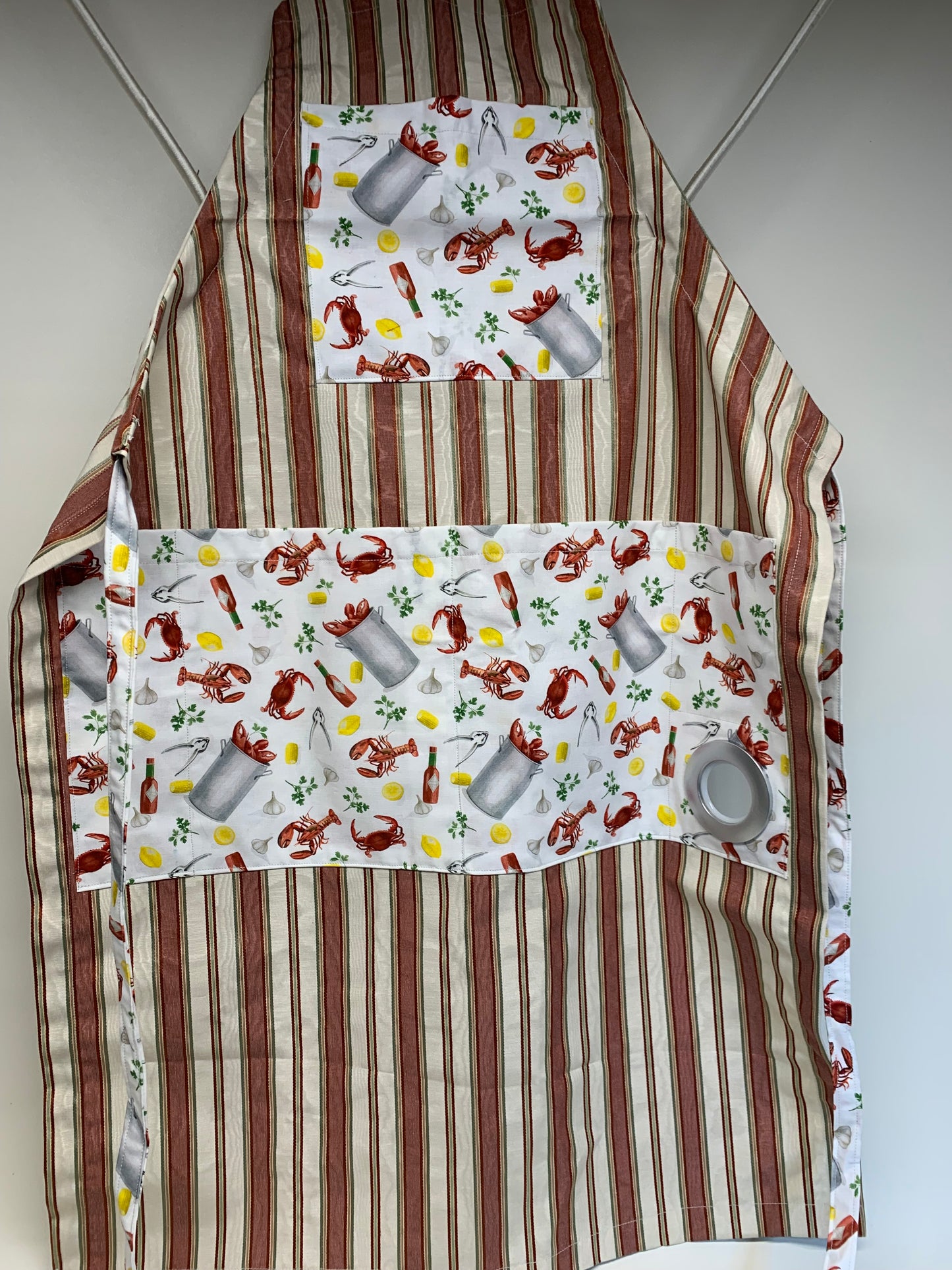 BBQ Apron - Red/Tan/grey stripes with Lobster boil accents