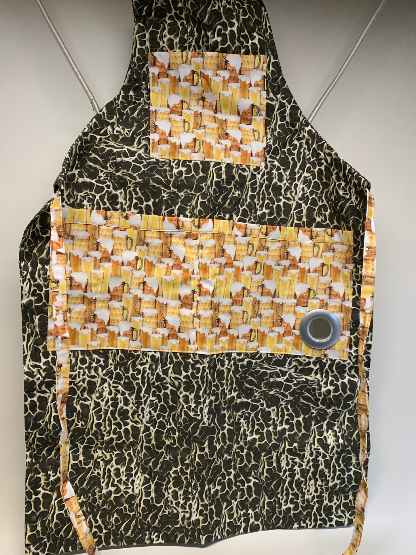 BBQ Apron - Black/grey/white smokey fabric with beer glasses accents