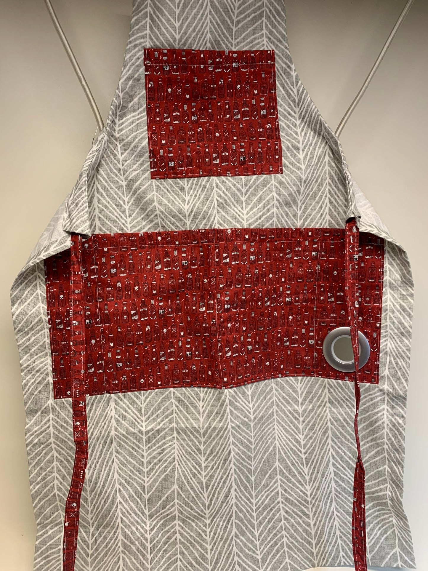 BBQ Apron - Grey geometric fabric with red hot sauce accent fabric
