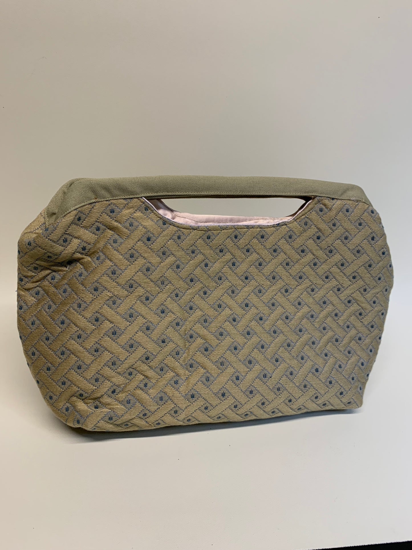 Purse - tan geometric pattern -  wire framed, rose gold lined