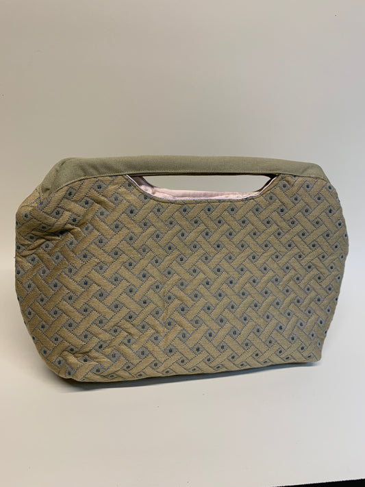 Purse - tan geometric pattern -  wire framed, rose gold lined