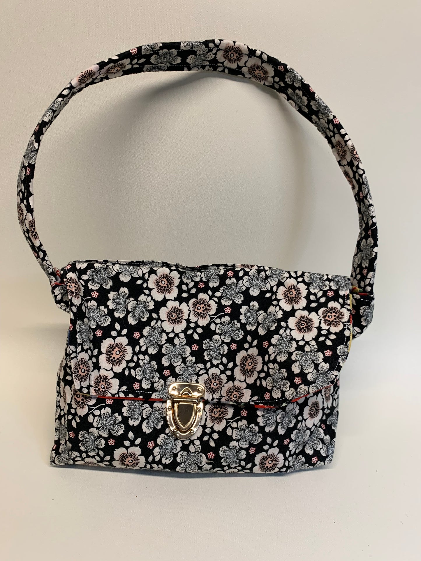 Purse - Black with white flowers, lined