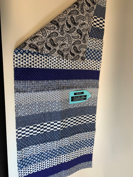 Table Runner - Blue/white geometriv - 38" x 16"