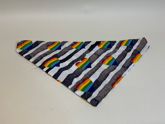 Dog Bandana - Black & White stripes with Rainbow hearts -  for 2 inch collar -