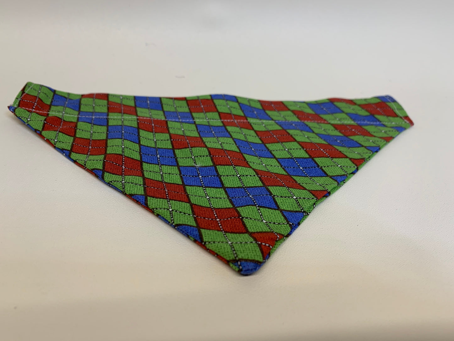 Dog Bandana -Blues/green/red geometric pattern  -  for 1 1/2 inch collar