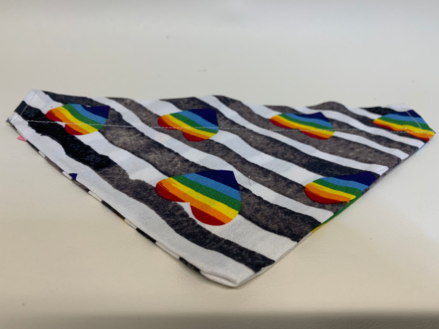 Dog Bandana -Black/white strips with rainbow hearts-  for 1 1/2 inch collar