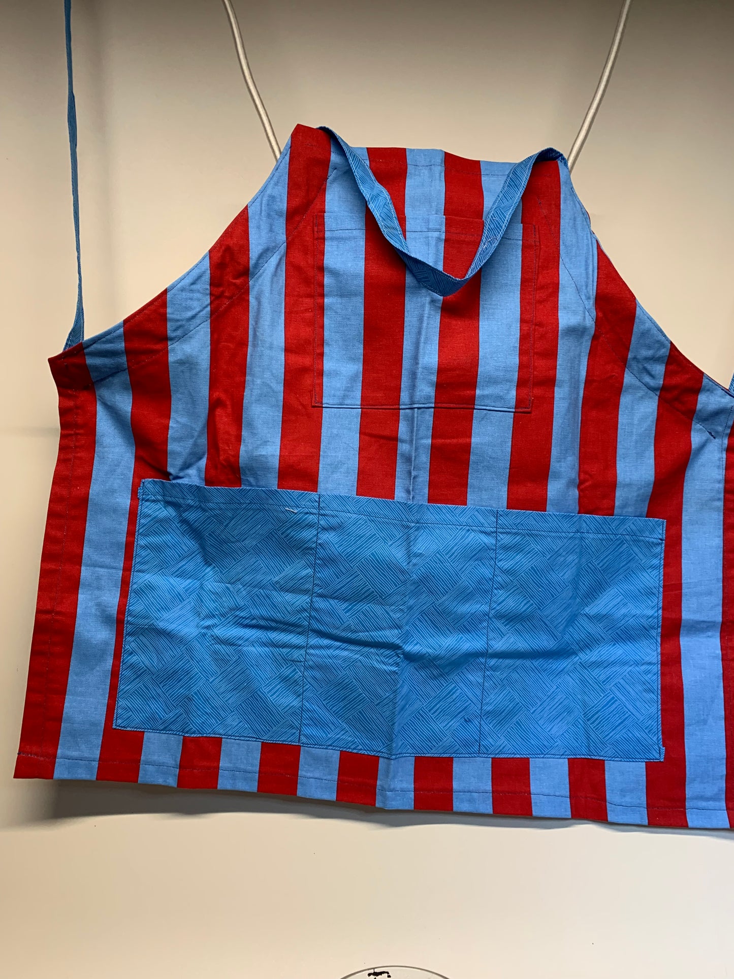 Full size Apron -Adjustable neckline. Red and blue stripes