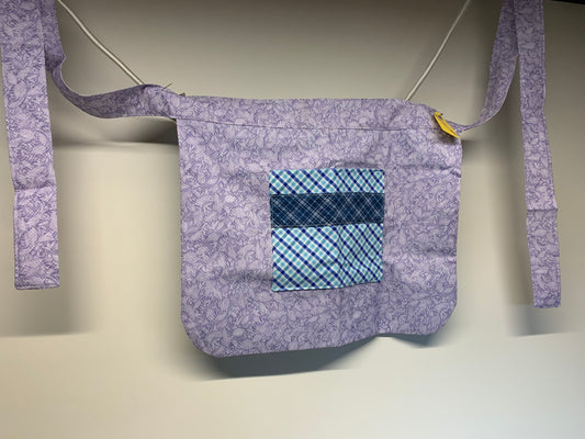 Half Apron - reversable. Lavender florals and blue plaid with dark blue accents