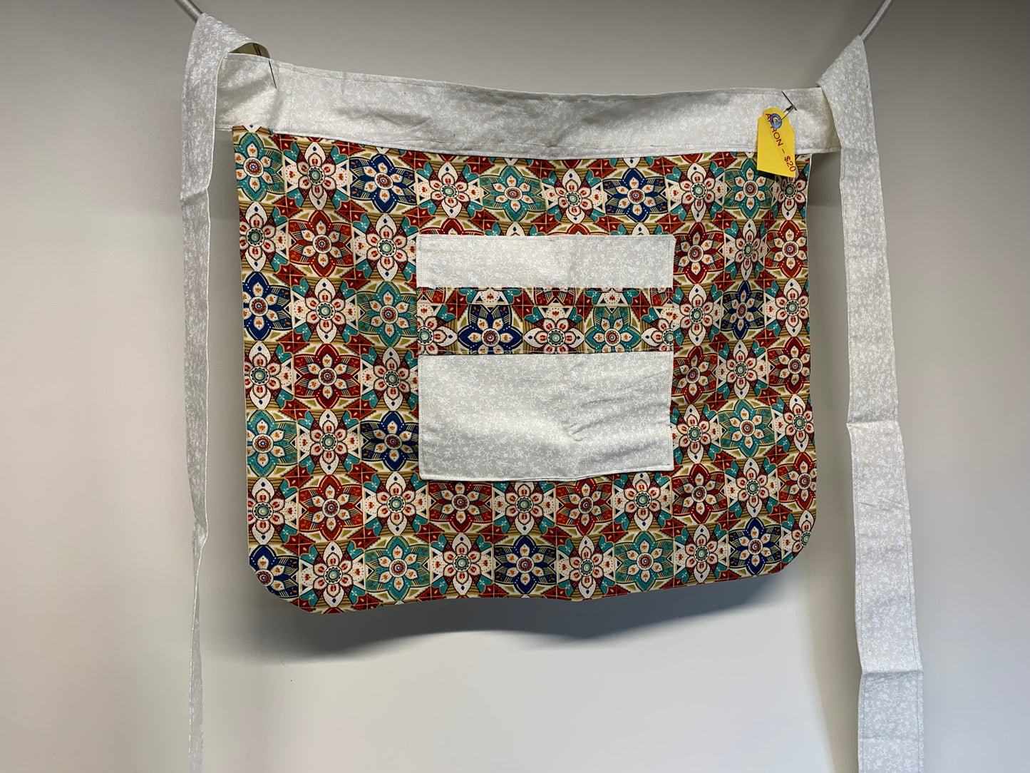Half Apron - reversable. Multicolor geometrics and off white with white flowers