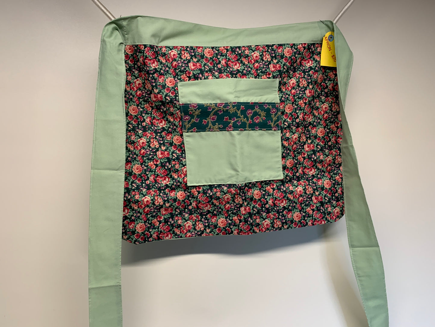 Half Apron - reversable. Red roses and sage green with green accents