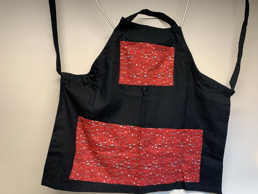 Full size Apron -Adjustable neckline. Black with Red pockets (with hot sauce bottles)
