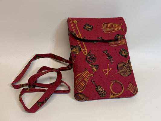 Small Crossbody Purse / Cell Phone Bag -Maroon with musical instruments  5"W x 7"H (Copy) (Copy) (Copy)