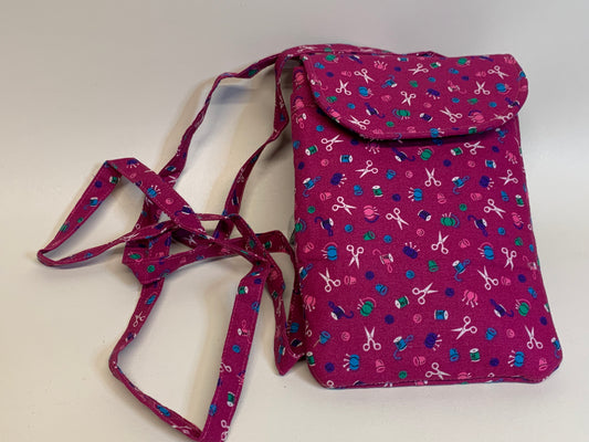 Small Crossbody Purse / Cell Phone Bag -Fuchsia with sewing items. 5"W x 7"H