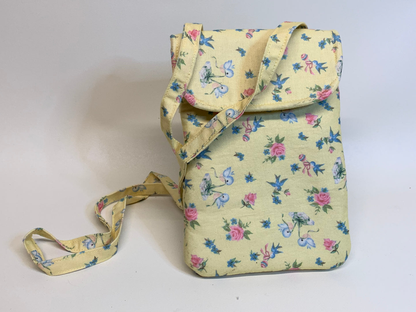 Small Crossbody Purse / Cell Phone Bag - Pale yellow with birds and flowers. 5"W x 7"H (Copy)
