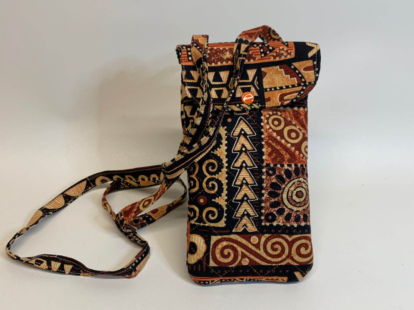 Small Crossbody Purse / Cell Phone Bag - Brown/Tan Geometrics . 4"W x 7"H