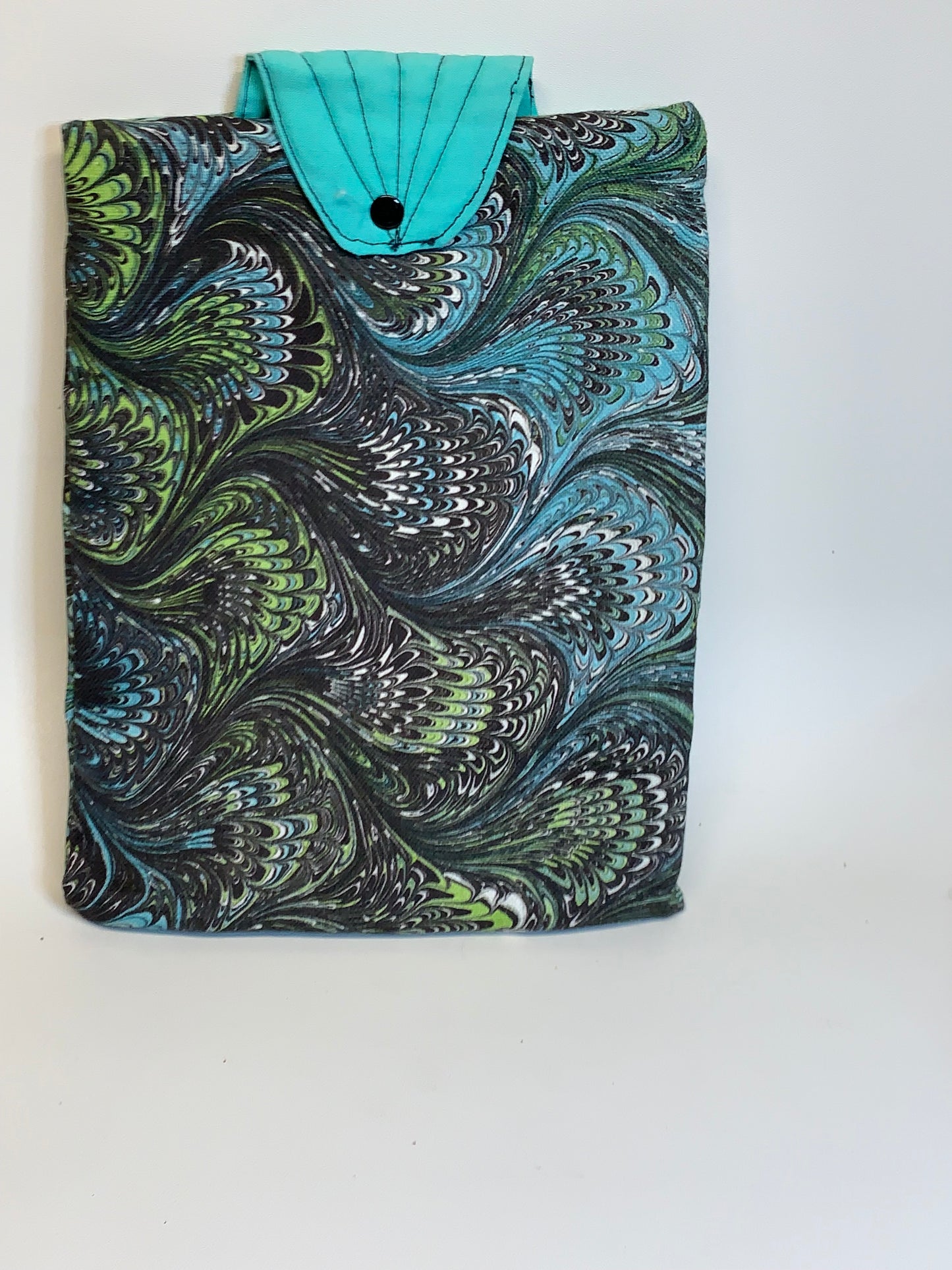 Book / Tablet Sleave - Green/Teal/White swirls - 9 1/2" x 7 1/2" with snap closure and back pocket