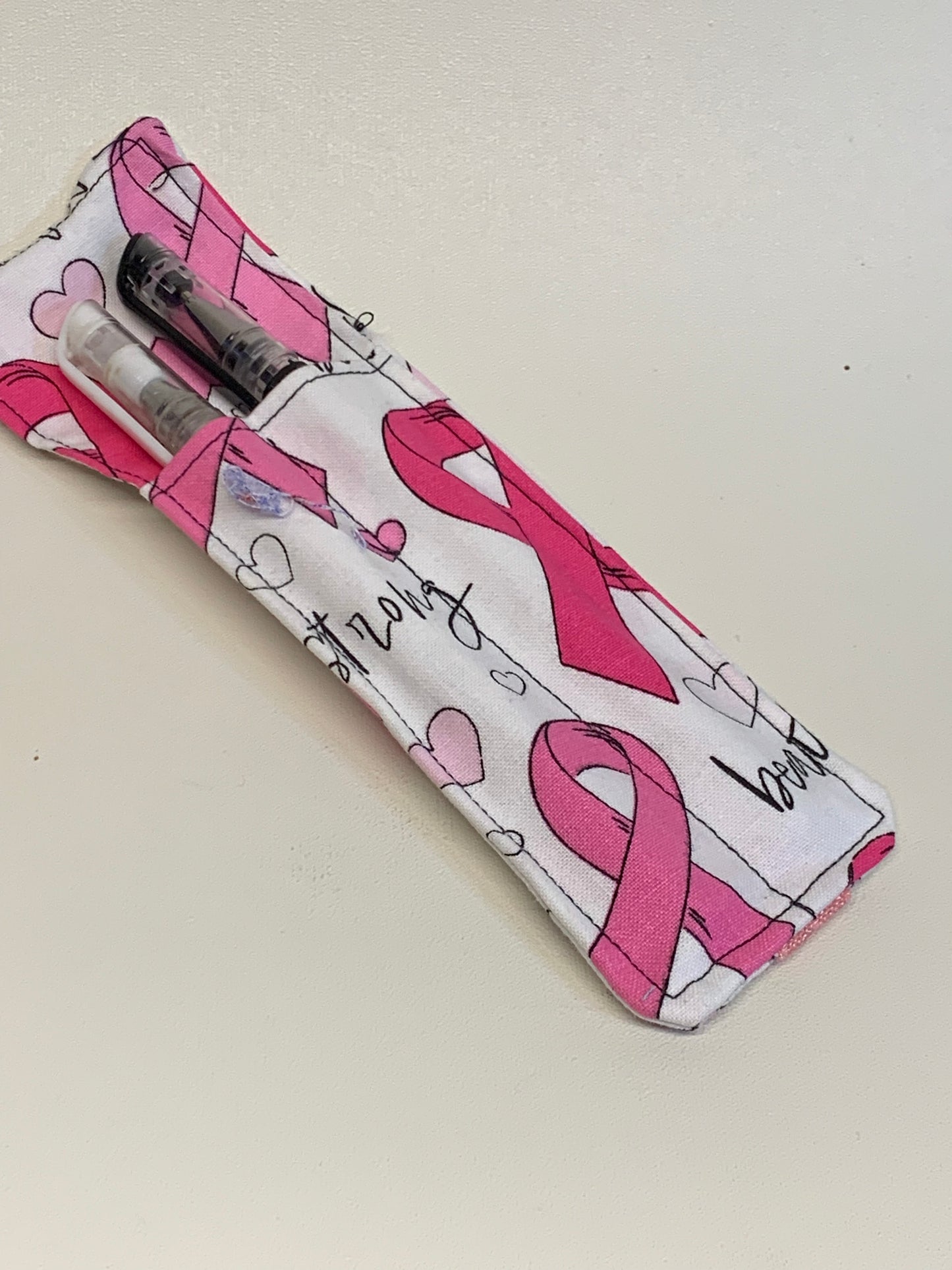 Pen Holder - holds two pens - Pink Ribbon - with elastic band