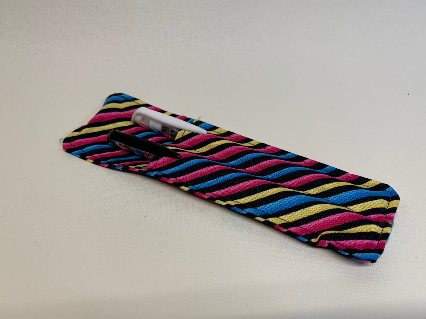 Pen Holder - holds two pens - Multicolor stripes - with elastic band