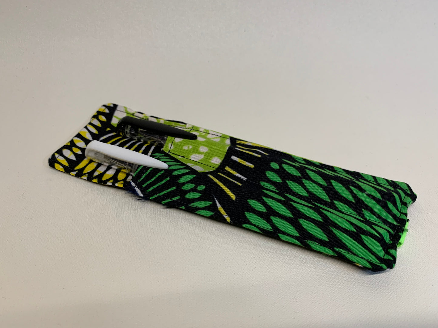 Pen Holder - holds two pens - Green/black/yellow geometrics - with elastic band