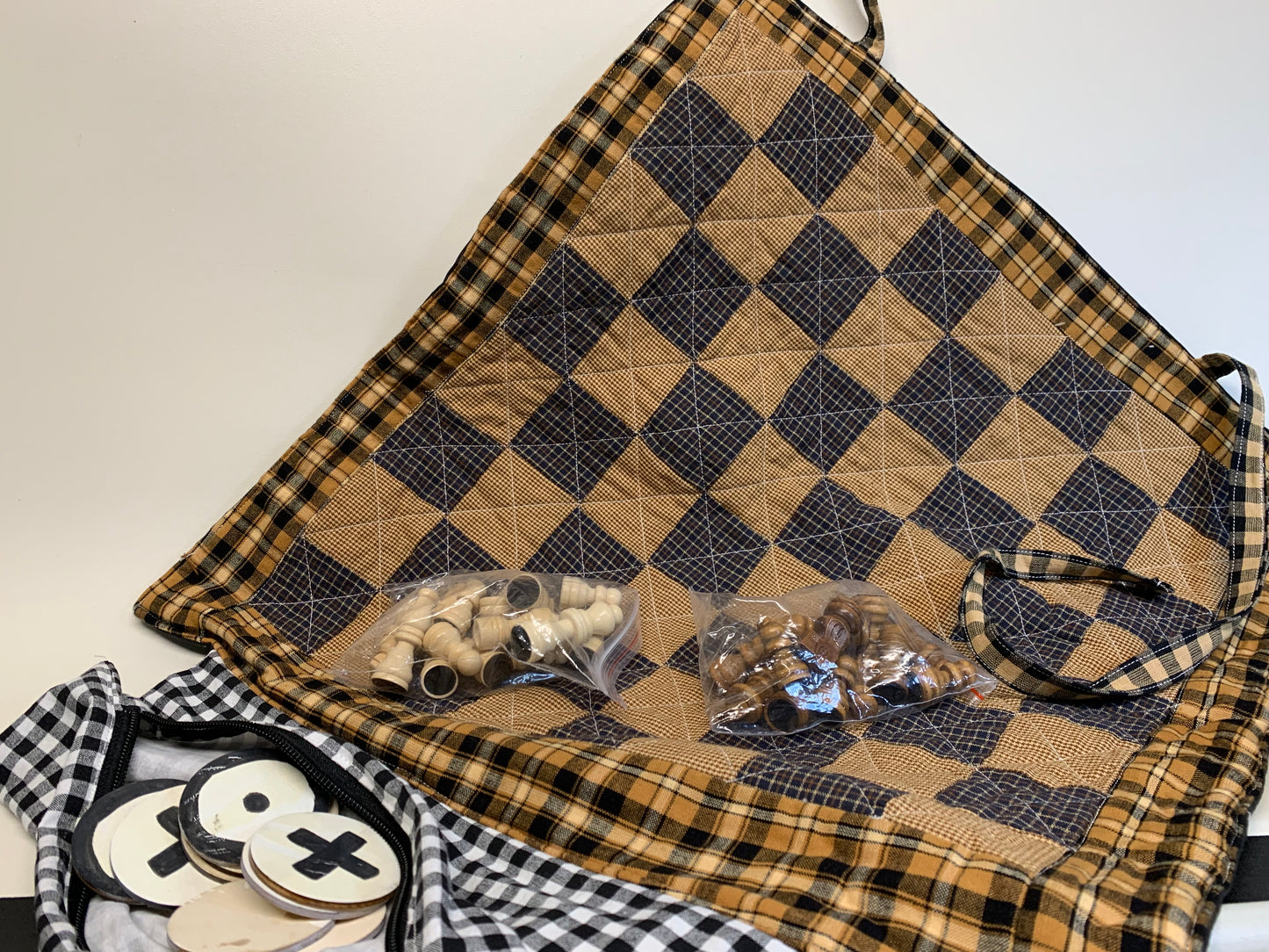 Travel Game Set - Brown Plaid (Chess/TicTacToe) with playing pieces