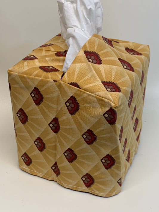 Tissue Box Cover - Tan/Maroon geometric -for boxes 5"H x 4 1/2"W x 4 1/2" D