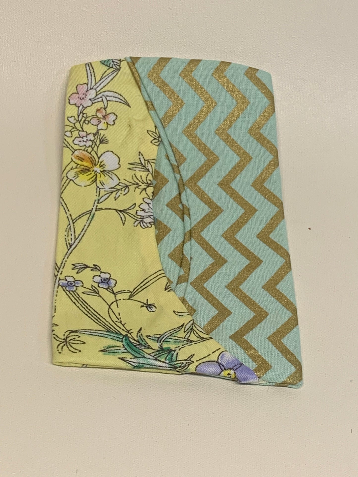 Pocket Size Tissue Holder - Sage green with gold zig zags and yellow with flowers
